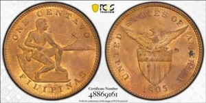 1905 PHILIPPINES FILIPINAS ONE CENTAVO ~ ENCAPSULATED PCGS MS63RB - Picture 1 of 3