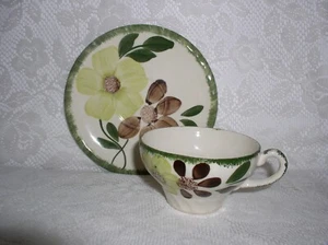 Blue Ridge Southern Brown Lite Green Flower Coffee Tea Cup with Saucer Plate Ex - Picture 1 of 2