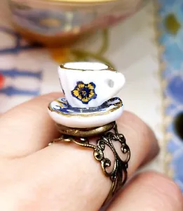 "Alice in Wonderland Blue" Ceramic Tea Cup Ring ADJUSTABLE Hand Made NKDECOR - Picture 1 of 2