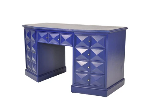 Mid-Century Modern Blue Lacquer and Brass Diamond Front Desk Vintage Cover