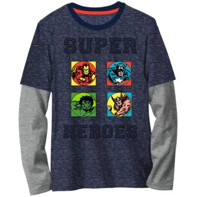 NEW!! Marvel Super Heroes Lng Slv T-Shirt Boys Blue Gray Hulk Ironman Thor Med 8 - Image 1 of 4