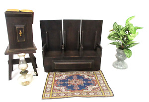 Miniature Preacher's Wood Pulpit Folding Chair Bench Table Bible Kerosene Lamp