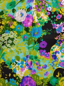 1960's Fabric Synthetic Gorgeous Floral Teal Blue Green Purple Brown 2 Yards + - Picture 1 of 2