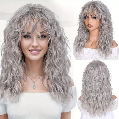 Curly Wig with Bangs for Women Long water wave Wigs with Bangs Gray - Image 1 of 4