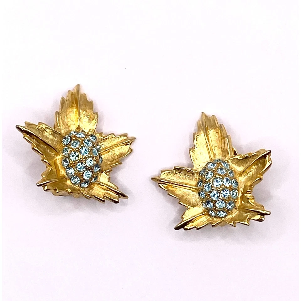 Pendientes Vintage BLANCOS Floral Azul Estrás Chapados en Oro 10K Hoja Pendientes Foto 1 de 4