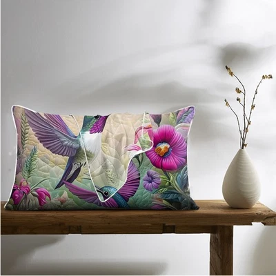 Pair Floral Pillow Covers Trumpet Flower Hummingbird Pillowcases Bedroom Decor - Image 1 of 4