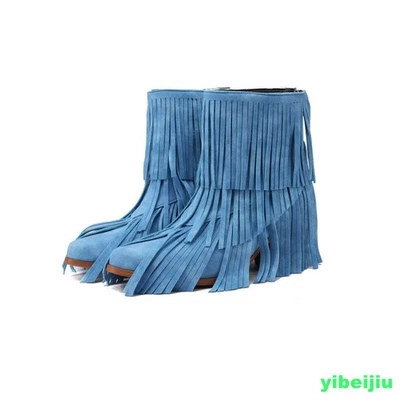 2025 Bohemia Mujer Borla Flecos Capa Botines Tacón Medio Bloque Gamuza Zapatos Foto 1 de 4
