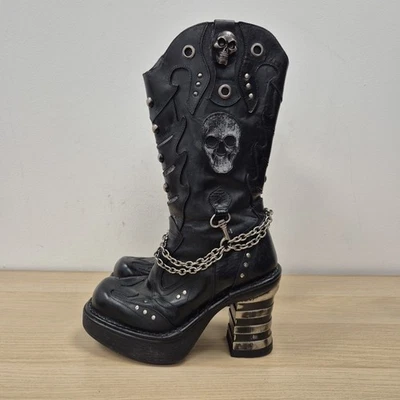 New Rock M.8304 Skull Flames Chunky Heel Black Mid Calf Goth Boots Uk 6 Eu 39 - Image 1 of 4