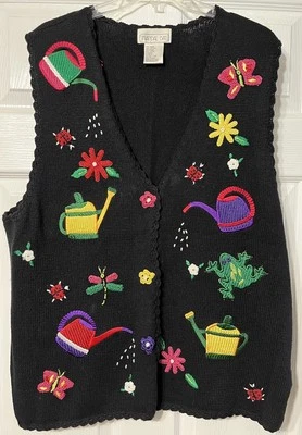 Vintage Mandal Bay Embroidered Sweater Vest Garden Flowers Bugs Frog XL - Image 1 of 4