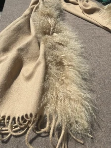 Soft Camel Cashmere Pashmina/ Shawl with Mongolian Fur and Tassell Detail - Picture 1 of 16
