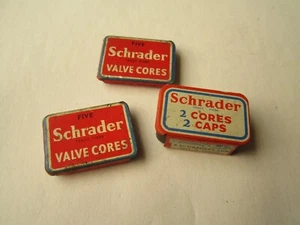 3 TINS ORIGINAL VINTAGE SCHRADER TYRE VALVE CAPS , AND VALVE CORES - Picture 1 of 2