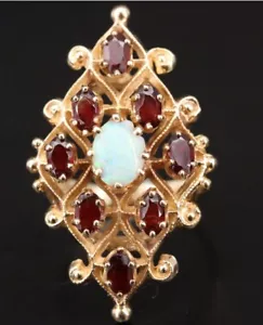 Vintage 14k Gold Weiß Opal & Granat Kompliziert Mid-Century Cocktail Ring Schönheit! - Bild 1 von 6