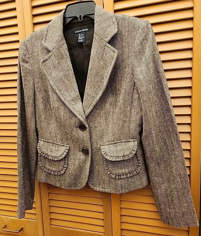 Chaqueta Blazer Boston Talla 8 Espiga Tweed Botón Bolsillos Largos Slvs  Foto 1 de 4
