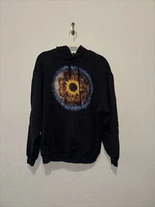 Sudadera con capucha negra vintage Y2K Tultex bola de ojos llamas cósmicas gráfico sol talla L México - Imagen 1 de 4