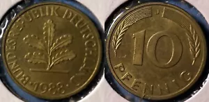 Germany 1988 J 10 Pfennig KM-108 Brass clad steel Oak aUNC #94 US Seller - Picture 1 of 1