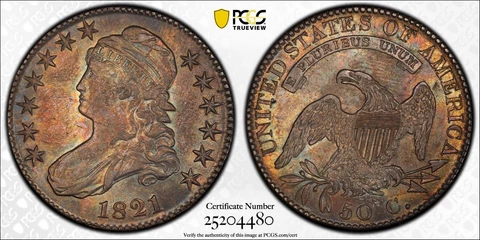 1821 O-102 PCGS AU58 Bust Half Dollar - PCGS Gold Shield Cover