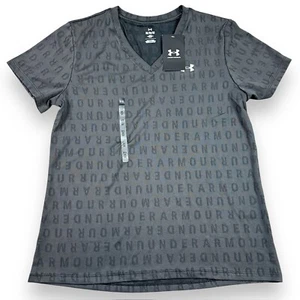 Under Armour Women's Velocity Jacquard V-Neck Short Sleeve Shirt Black Grey Sz M - Picture 1 of 8