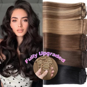 Extra Thick Double Weft Clip In Remy Human Hair Extensions 8PCS Black Brown 160g - Picture 1 of 91