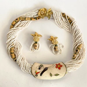 Vintage RARE Alice Calviness signed set clip earrings necklace ceramic pineapple - Picture 1 of 9