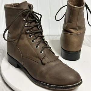 Justin Brown Leather Lace Up Kiltie Cowboy Boots Style 545 USA Mens 5D Womens 7 - Picture 1 of 12