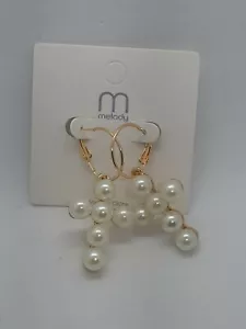 New Gold Plate Hoops W/Chunky Faux Pearl Cross Earrings Dangling Cross - Picture 1 of 4