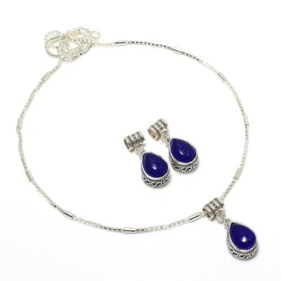 Juego de collar y pendientes hechos a mano enchapados en plata 925 de ónix azul de 18" Foto 1 de 3