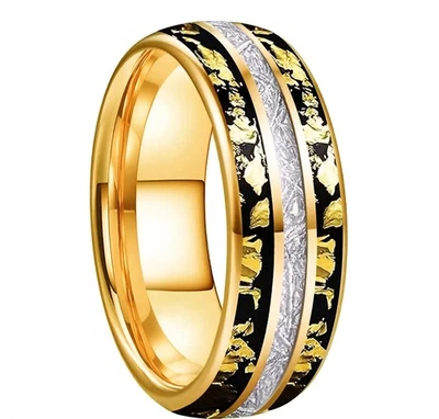 8MM Men Women Tungsten Carbide Ring Band Bright Meteorite Gold Foil Inlay Ring - Image 1 of 4