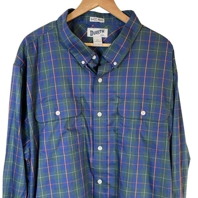 Duluth Trading Mens Button Down Plaid Shirt Size 3XL Blue Green Nylon Blend - Image 1 of 4