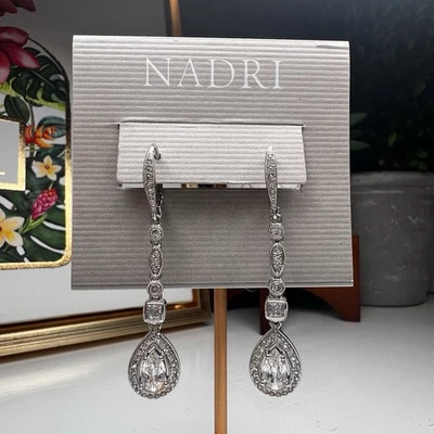 Nadri Silver Tone Crystal Rhinestone Teardrop Dangle Earrings NWT - Image 1 of 4