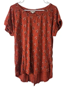 Lucky Brand Womens L Floral Blouse Short Sleeve Top Orange Shirt Cotton Blend - Picture 1 of 5