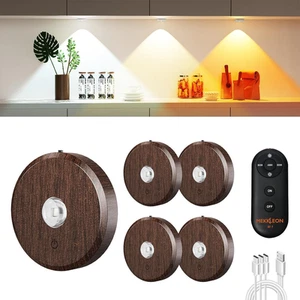 Puck Lights with Remote Control Rechargeable,Wireless Under 5 PACK, Wood - Picture 1 of 7