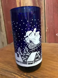 Vtg Cobalt Blue Santa & Sleigh Christmas drinking Glass or Candle holder …….……z5 - Picture 1 of 5