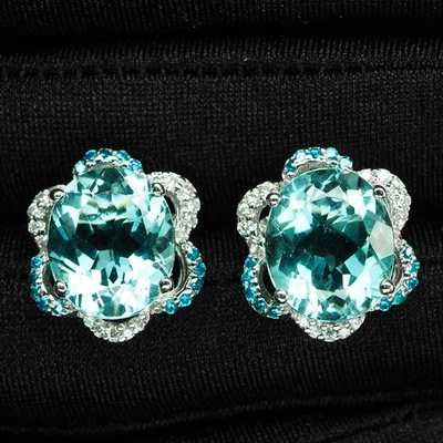 Preciosos pendientes de oro blanco de plata de ley 925 ovalados aguamarina azul marino de 9,85 quilates Foto 1 de 4