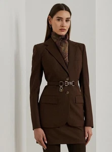 Lauren Ralph Lauren Womens Glen Plaid Belted Wool Blend Blazer Burgundy Multi 4P - Picture 1 of 7