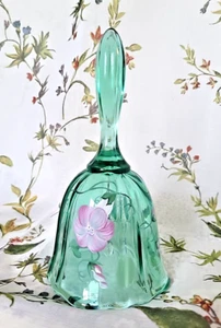 Fenton Hand Painted Glass Bell Signed Green Floral 7" USA Vintage Decoration - Picture 1 of 10