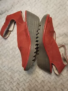 Fly London Yala Perforated Red Suede Wedge Peep Toe Platform Sandals Sz 39 8-8.5 - Picture 1 of 19
