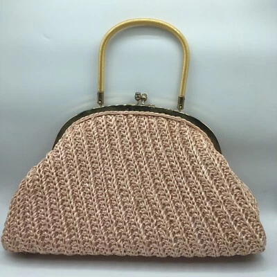 Vtg gaymode pink raffia straw woven purse gold lamet handle golden girls Japan  - Image 1 of 4