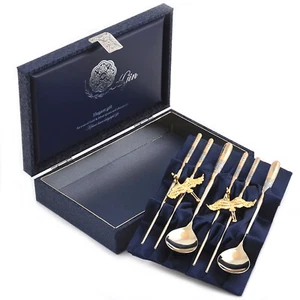 Silk Twin Crane Vacuum Titanium Gold Korean Spoon Chopsticks Dinner Tableware - Picture 1 of 6