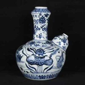 9.1" Antique ming dynasty Porcelain xuande mark Blue white Lotus fish algae pot - Picture 1 of 9
