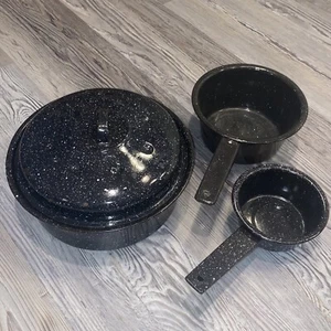 Black Speckled Enamelware Camping Handled Pots/Lid - Picture 1 of 14
