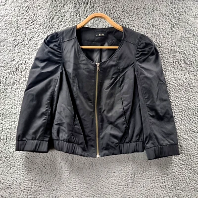 Chaqueta corta Bardot para mujer talla 10 negra satinada manga 3/4 cremallera frontal Foto 1 de 4