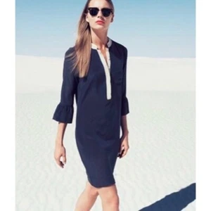 J.Crew Dress 2 Navy Blue Silk Color-block Piped Popover Shift Shirtdress  - Picture 1 of 7