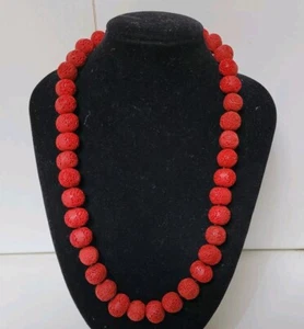 Vintage 46cm Chinese Red Faux Carved Cinnabar 10mm Shou Bead Necklace  - Picture 1 of 13