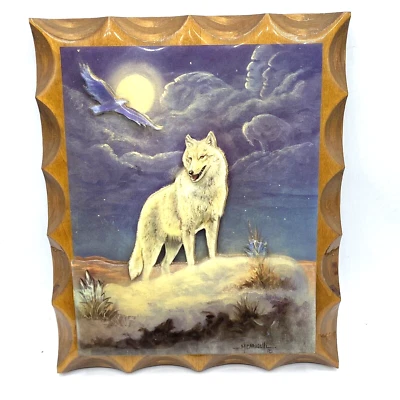 Vintage White Wolf Plaque Moonlit M. Caroselli 3D Effect Ghosts 10" x 11 3/4" - Image 1 of 4