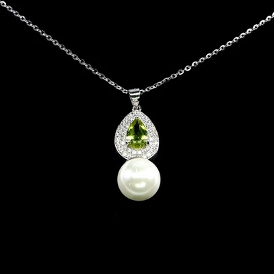 925 Sterling Silver Necklace Pear Peridot 8x6mm Mop Natural Gemstone Jewelry 18 - Image 1 of 4