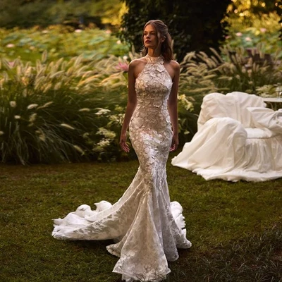 Mermaid Sexy Wedding Dresses Halter Neck Backless Lace 3D Flowers Bridal Gowns - Image 1 of 4