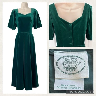 Vintage LAURA ASHLEY Velvet Dress Size 12 Long Emerald Green Sweetheart Neck 50s - Image 1 of 4