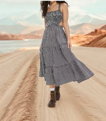 American Eagle Midi Gingham Dress Womens XL  Smocked Cutouts Black Check Layered - Image 1 of 4