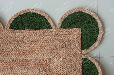 Hand Braided Natural Jute Beige Scalloped Jute Rug With Green Border Home Rug - Image 1 of 4