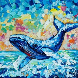 original oil painting Whale impasto artwork Water Mammals Animals wall art 8*8in - Picture 1 of 12